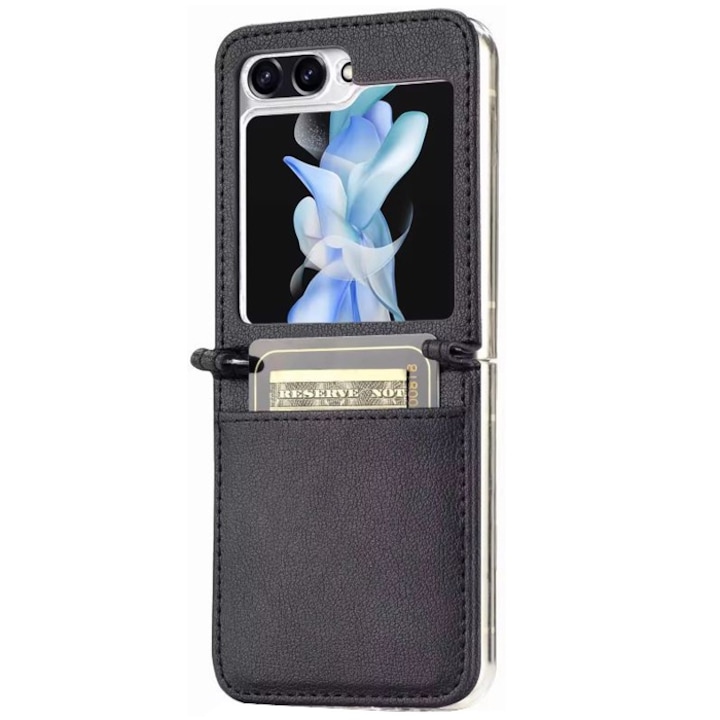 Husa cu Buzunar Carduri pentru Samsung Galaxy Z Flip 6/Flip 7 FE, Protectie antisoc, Piele ecologica, Negru