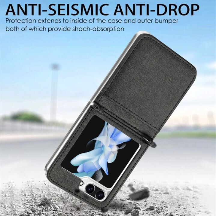 Husa cu Buzunar Carduri pentru Samsung Galaxy Z Flip 6/Flip 7 FE, Protectie antisoc, Piele ecologica, Negru