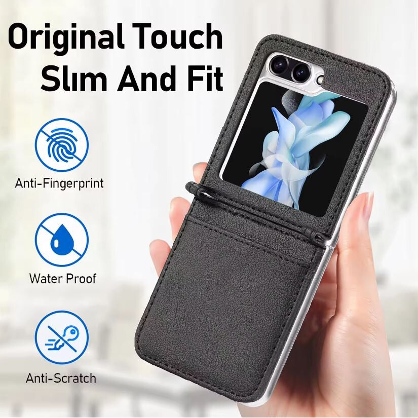 Husa cu Buzunar Carduri pentru Samsung Galaxy Z Flip 6/Flip 7 FE, Protectie antisoc, Piele ecologica, Negru