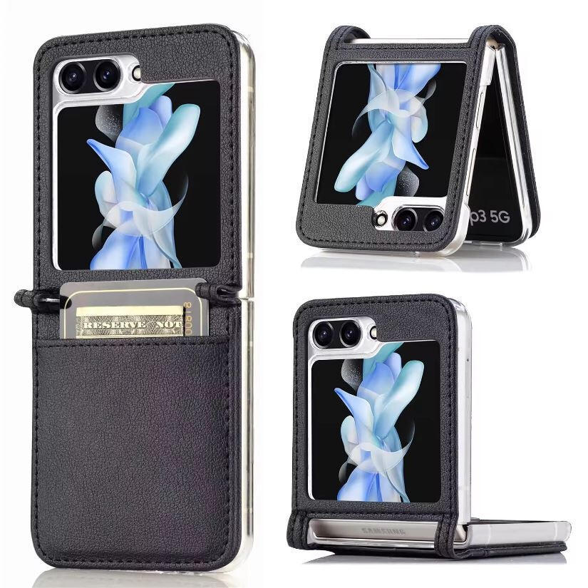 Husa cu Buzunar Carduri pentru Samsung Galaxy Z Flip 6/Flip 7 FE, Protectie antisoc, Piele ecologica, Negru