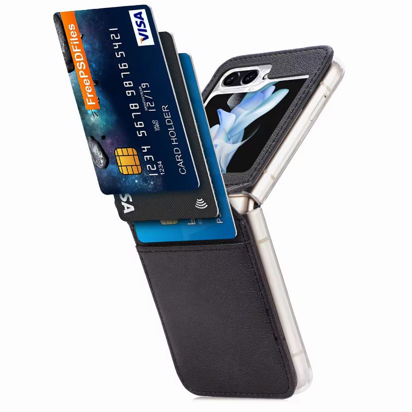 Husa cu Buzunar Carduri pentru Samsung Galaxy Z Flip 6/Flip 7 FE, Protectie antisoc, Piele ecologica, Negru