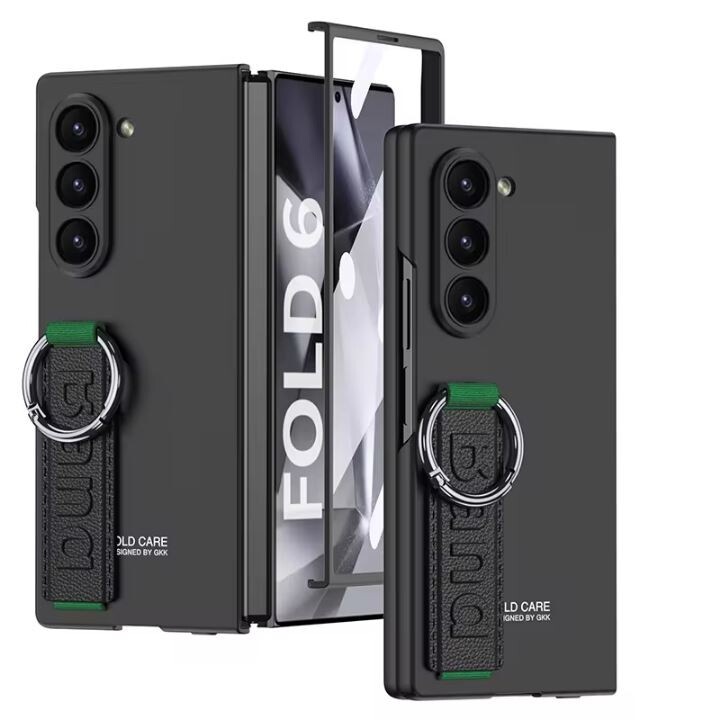 Капак с дръжка и ключодържател, Защита на екрана, Съвместим с Samsung Galaxy Z Fold 6, Удароустойчив, Черно-зелен
