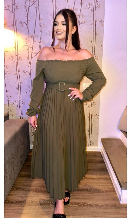 Дамска рокля, плисирана, дълга, с колан, каки зелено