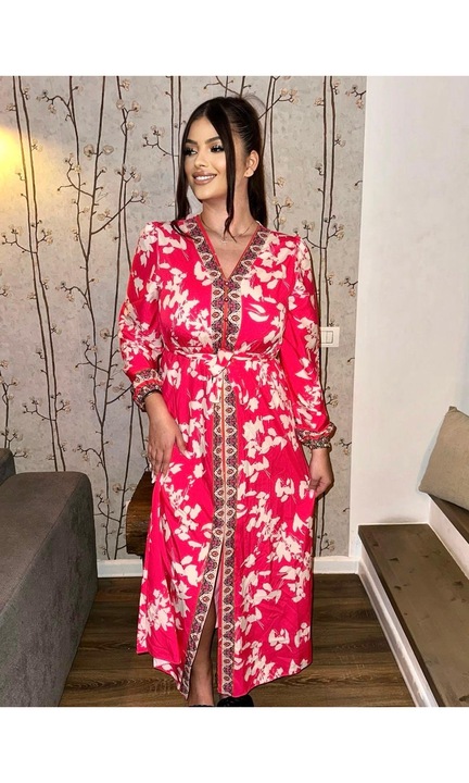 Дамска рокля, дълга, талия с шнур, разделена, розово/бяло