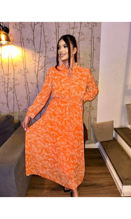 Дамска рокля, дълга, талия с шнур, оранжева