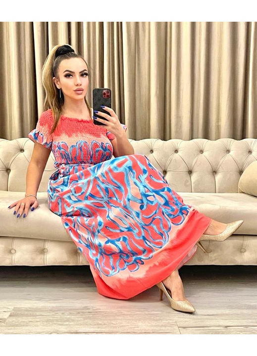 Rochie Dama, Lunga, Cordon in Talie, Orange/Albastru