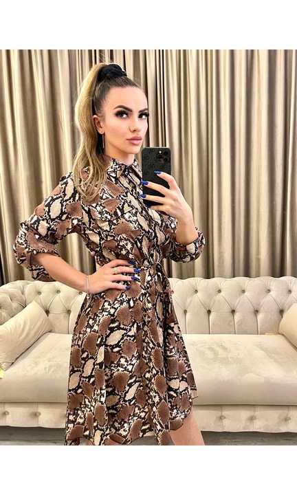 Риза, тип рокля, талия с шнур, змийски принт, кафяво