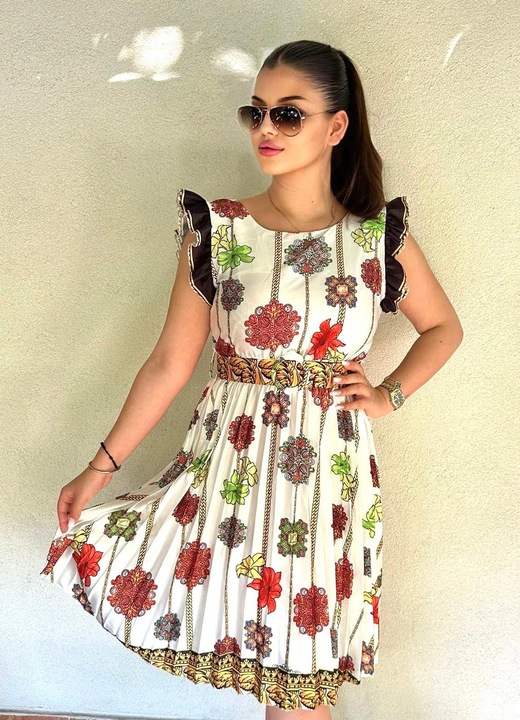 Rochie de Vara, Curea in Talie, Trei Sferturi, Alb/Multicolor