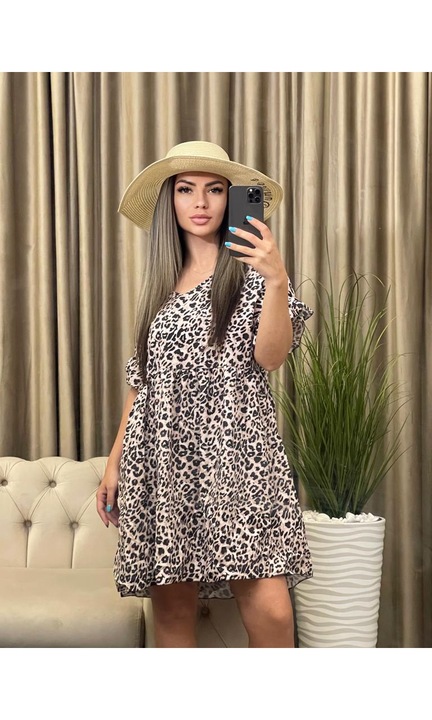 Рокля, ежедневна, животински принт, бежово/черно, Ефирна лятна