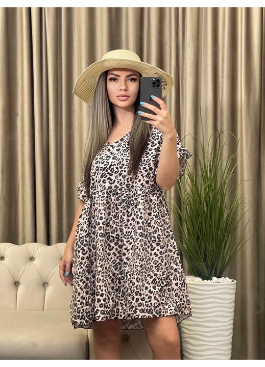 Rochie Vaporoasa de Vara, Lejera, Animal Print, Bej/Negru