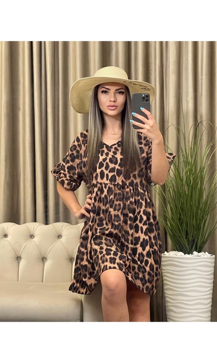 Рокля, ежедневна, животински принт, кафяво/черно, Ефирна лятна