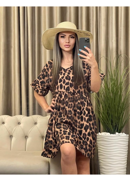 Rochie Vaporoasa de Vara, Lejera, Animal Print, Maro/Negru