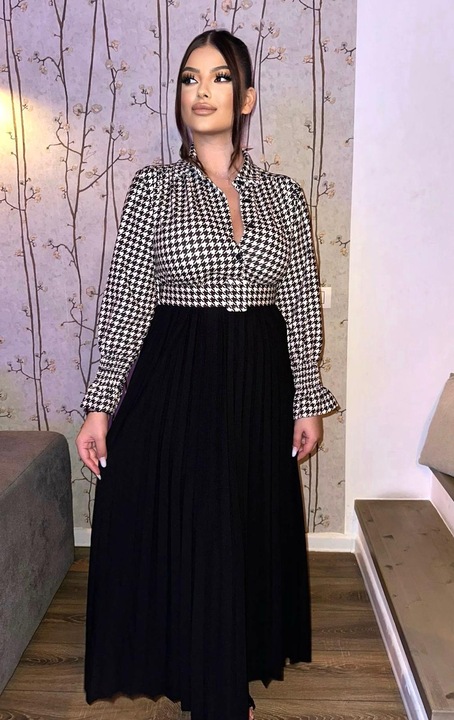 Дълга рокля, плисирана, колан на талията, бяло/черно