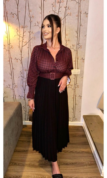 Дълга рокля, плисирана, колан на талията, Grena/черна