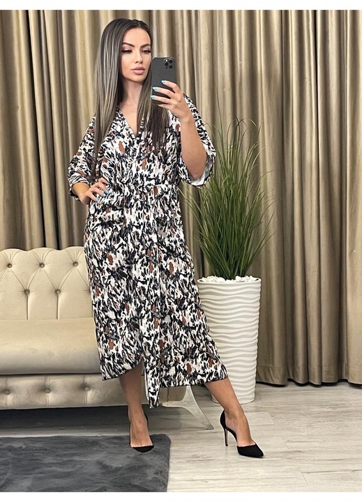 Rochie Vaporoasa de Vara, Cu Elastic in Talie, Negru/Maro/Alb