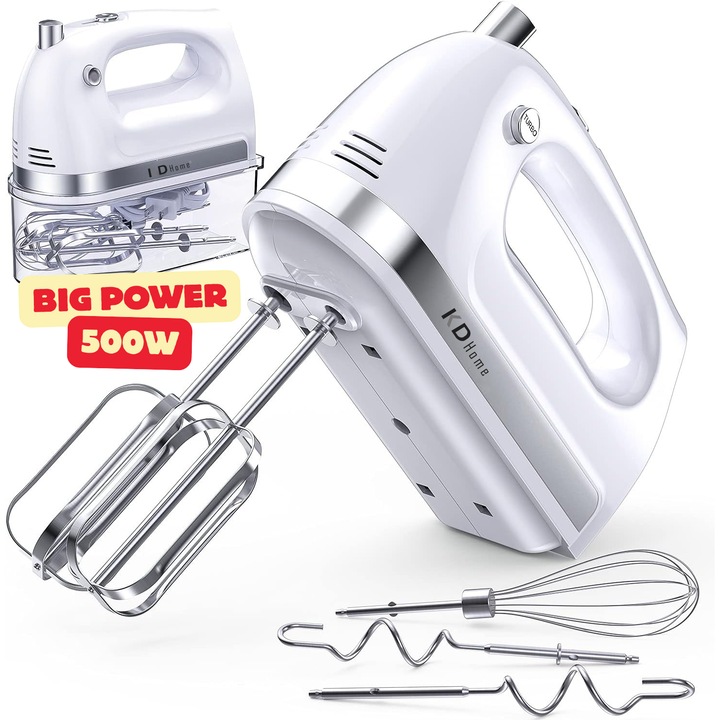 Mixer De Mana KD Home® PowerWhisk 500, Cutie Depozitare, 500W, 2000 Rot/Min, 5 Accesorii Inox, 5 Viteze, Buton Turbo, Alb
