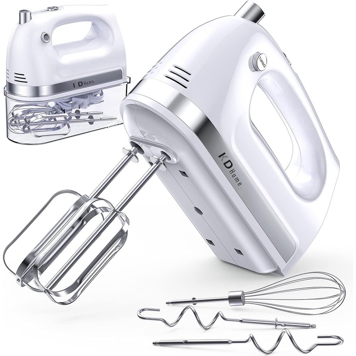 Ръчен миксер KD Home® PowerWhisk 500, кутия за съхранение, 500 W, 2000 RPM, 5 аксесоара от неръждаема стомана, 5 скорости, турбо бутон, Бял