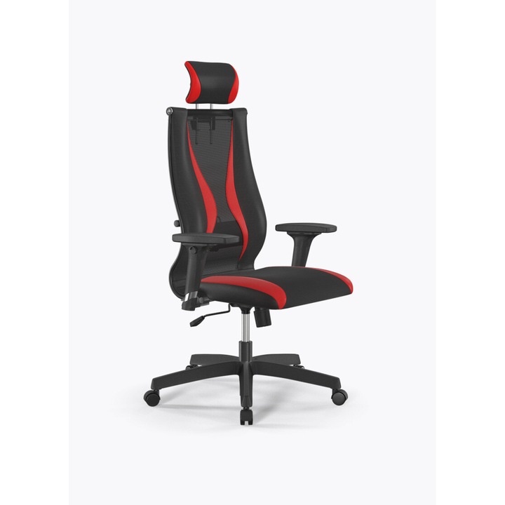 Scaun de birou ergonomic Ergofuture Ergolife Syncro Black-Red, Tapiterie fibra respirabila combinata cu piele, Spatar inalt, Tetiera piele, Cotiere 3D