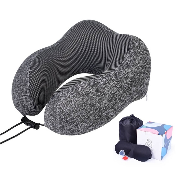 Set perna de calatorie/masca ochi/dopuri urechi, DOUUCO, spuma cu memorie, gri inchis, 30x30x11cm