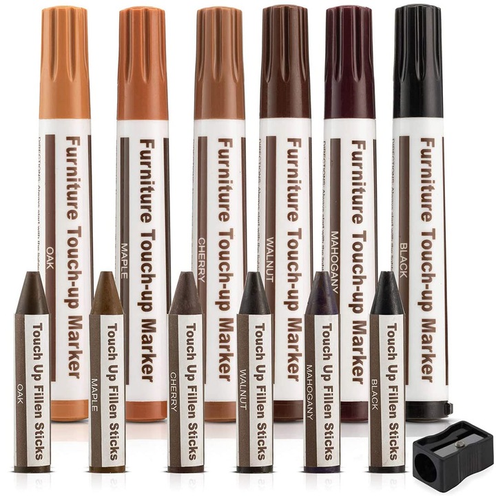 Set 12 piese pentru corectare si reparare zgarieturi mobila/ parchet, Zola, 6 Markere, 6 creioane, ascutitoare, rezistenta la abraziune si spalare