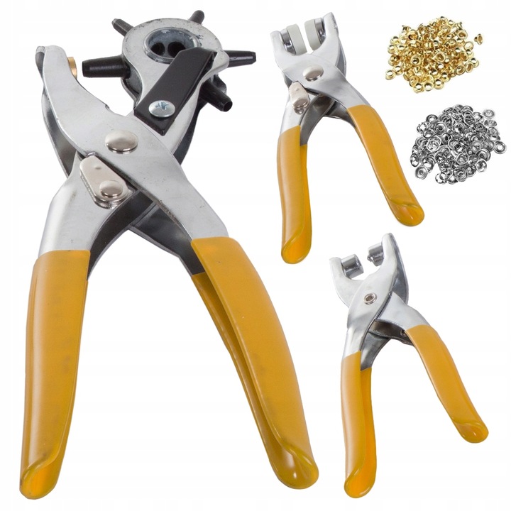 Set de scule pentru pielarie Verk Group, 3 clesti, 200 accesorii, argintiu-galben