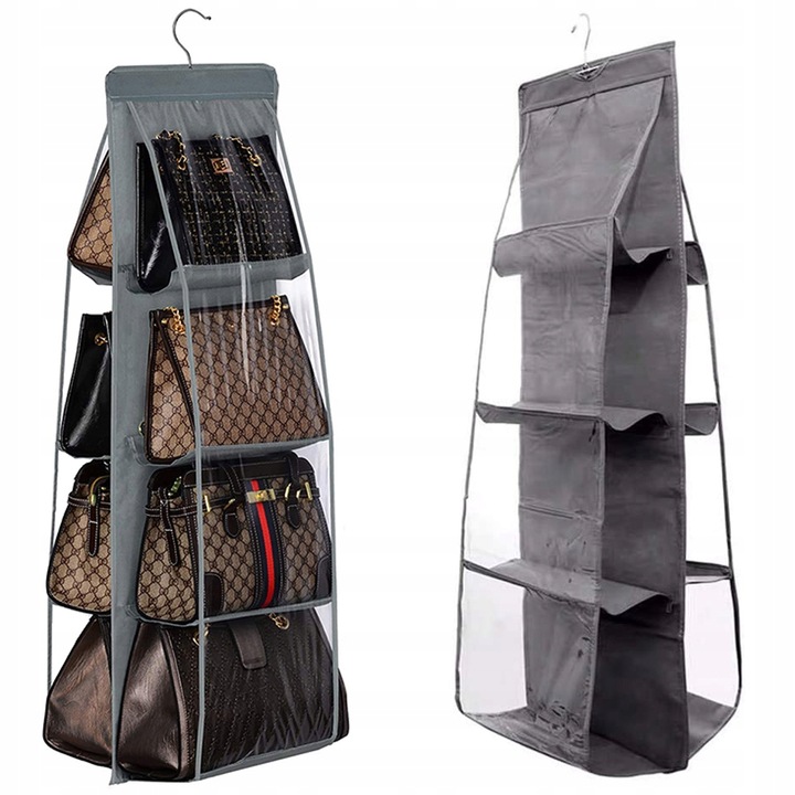 Organizator dulap 8 buzunare transparente, pentru genti si pantofi, cuier metalic, 100x34x15 cm, textil gri