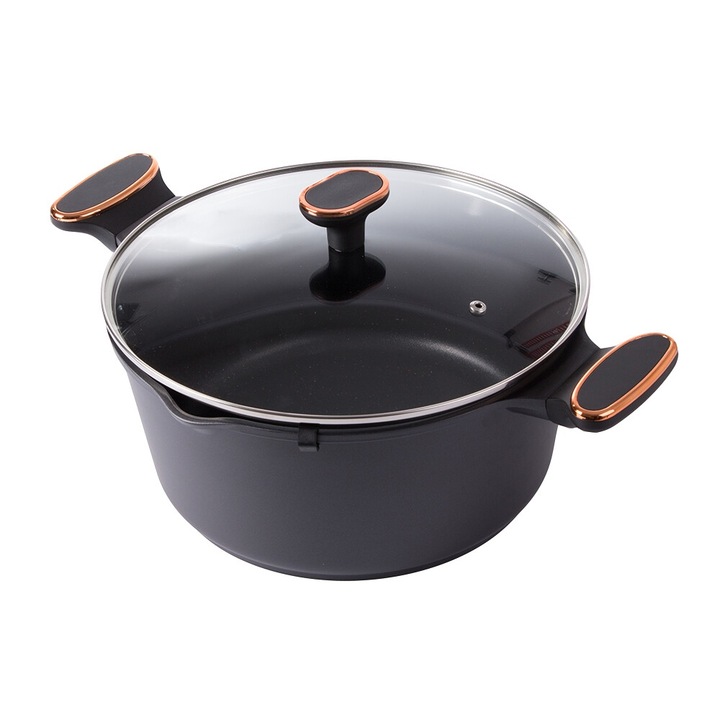 Oala Verk Group cu capac, non-stick, pentru inductie, negru, 6.84L, 30.5x13cm