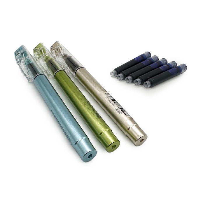 Set 3 Stilouri si 5 rezerve, Plastic Metalizat, Penita ascunsa, Incarcare duala patron sau rezervor, 202503rel, Multicolor, Vision XXI