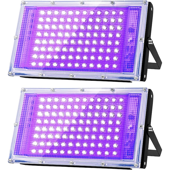 Комплект от 2 LED прожектора 100W UV лампа за вътрешна/външна употреба, водоустойчивост IP66 395-400nm с превключвател за парти, сценично осветление