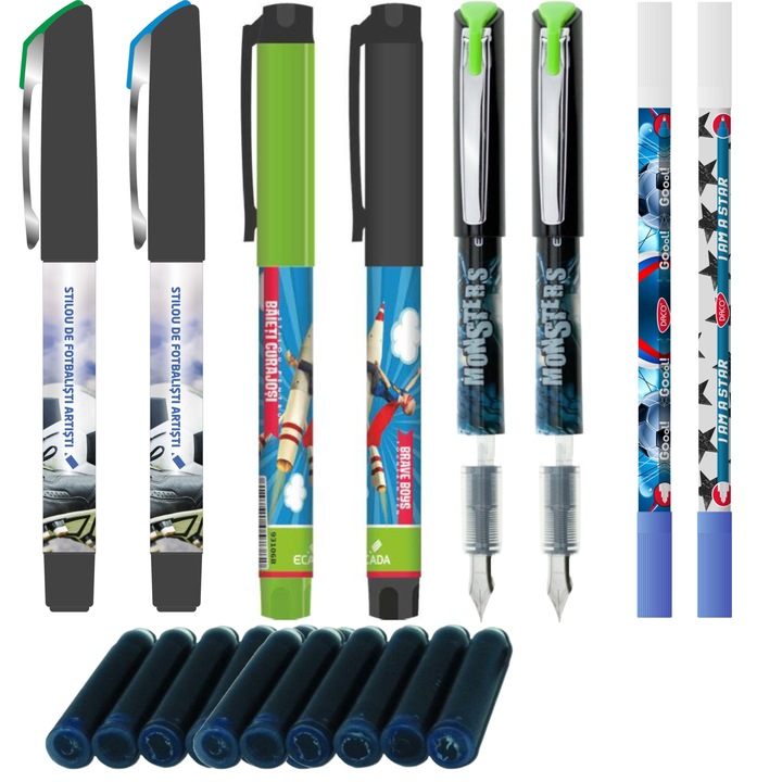 Set 6 stilouri scolare pentru BAIETI, 100 patroane cerneala, 2 picuri, stilou penita tip F