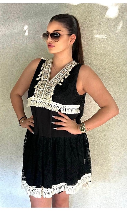Лятна рокля, дантела, миди, черно/бяло