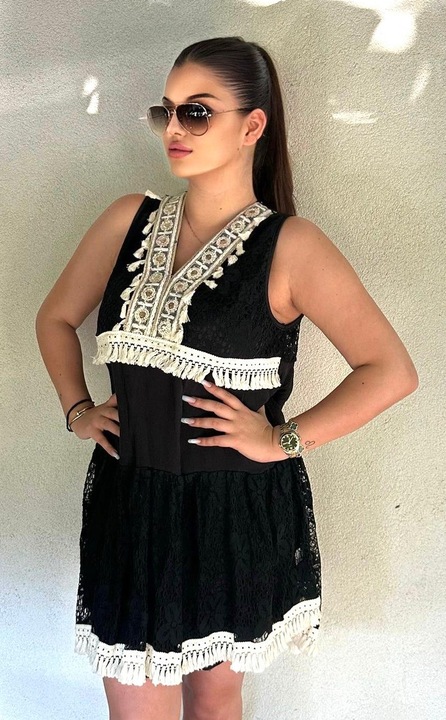 Rochie de Vara, Dantela, Midi, Negru/Alb