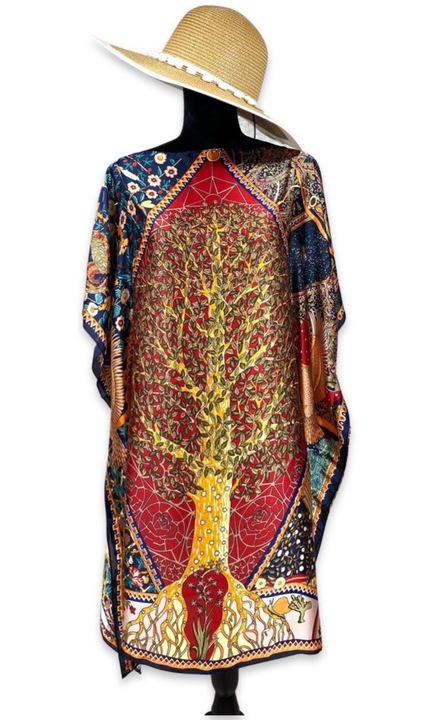 Плажна рокля, парео, коприна и вискоза, червено/синьо/жълто