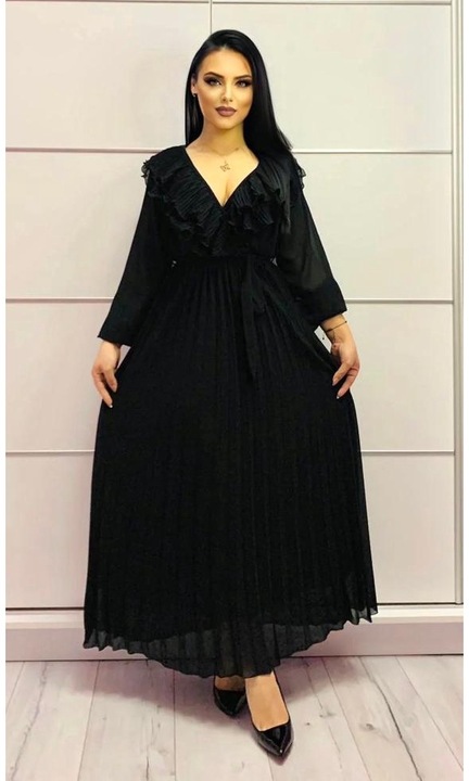 Дамска рокля, дълга, плисирана, талия с шнур, черна