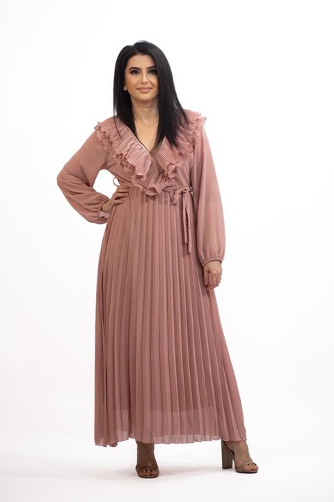 Дамска рокля, дълга, плисирана, талия с шнур, пудрово розово