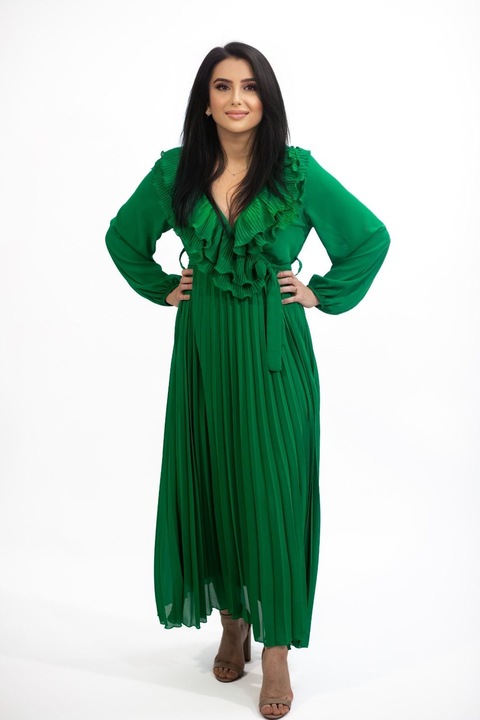 Дамска рокля, дълга, плисирана, талия с шнур, зелена
