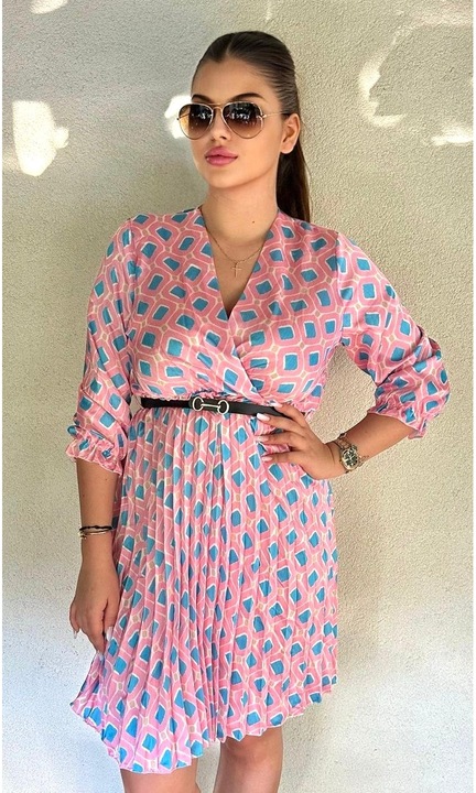 Лятна рокля, колан за кръста, миди, розово/синьо