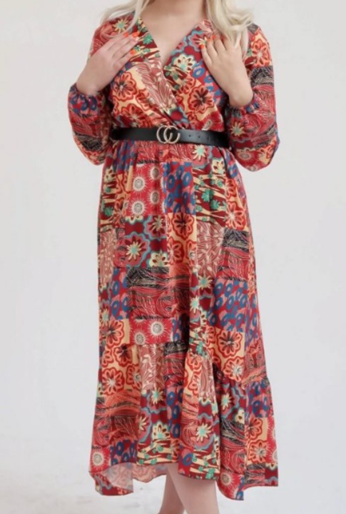 Rochie Dama, Vaporoasa, Trei Sferturi, Curea in Talie, Rosu/Multicolor