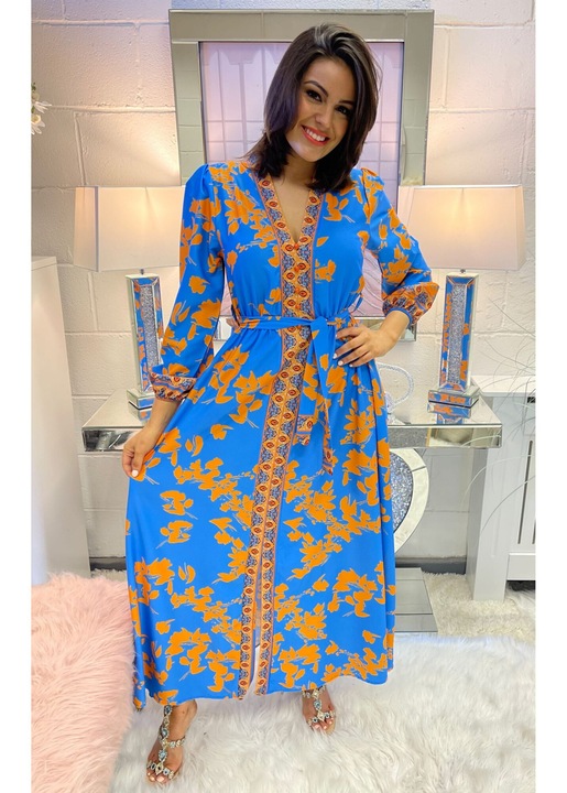 Дамска рокля, дълга, талия с шнур, синя/оранжева