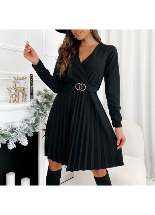 Rochie Dama, Midi, Plisata, Cordon in Talie, Negru