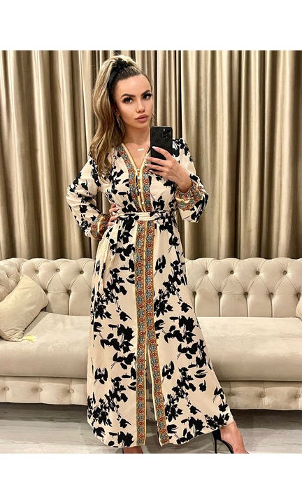 Дамска рокля, дълга, талия с шнур, разделена, бяло/черно