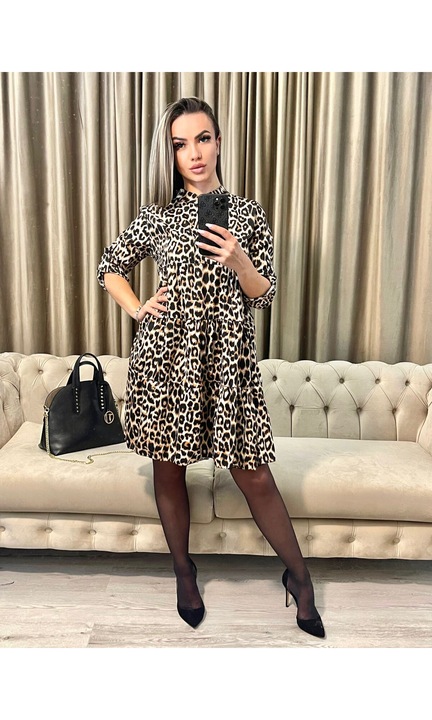 Дамска рокля, миди, ежедневна, животински принт, бежово/черно