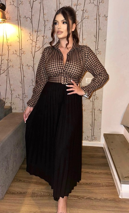 Дълга рокля, плисирана, колан на талията, бежово/черно