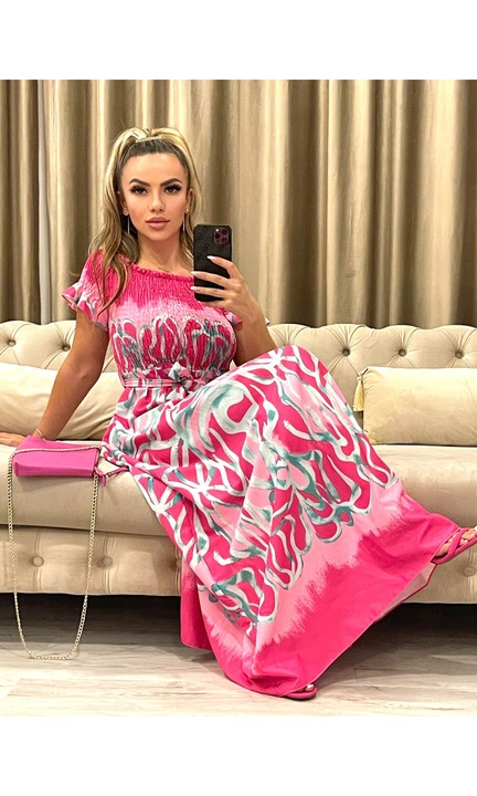 Дамска рокля, дълга, талия с шнур, фуксия розово/синьо