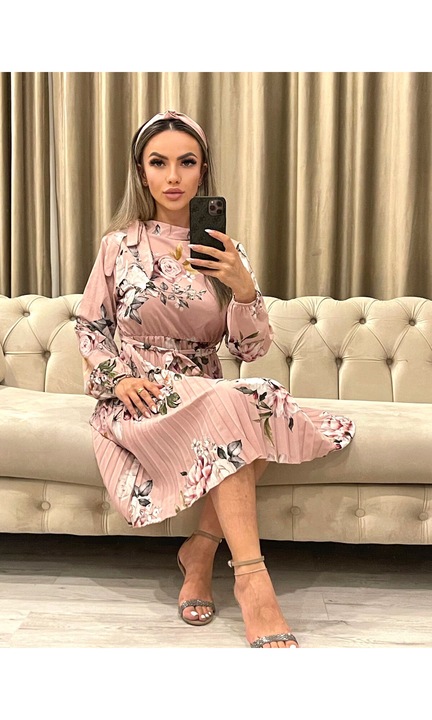 Дамска рокля, Steamy, Midi, шнур на талията, прахообразно розово