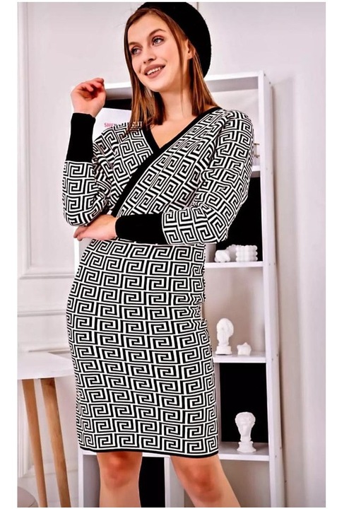 Rochie Tricot Femei, Elegant, Slimfit, Negru/Alb