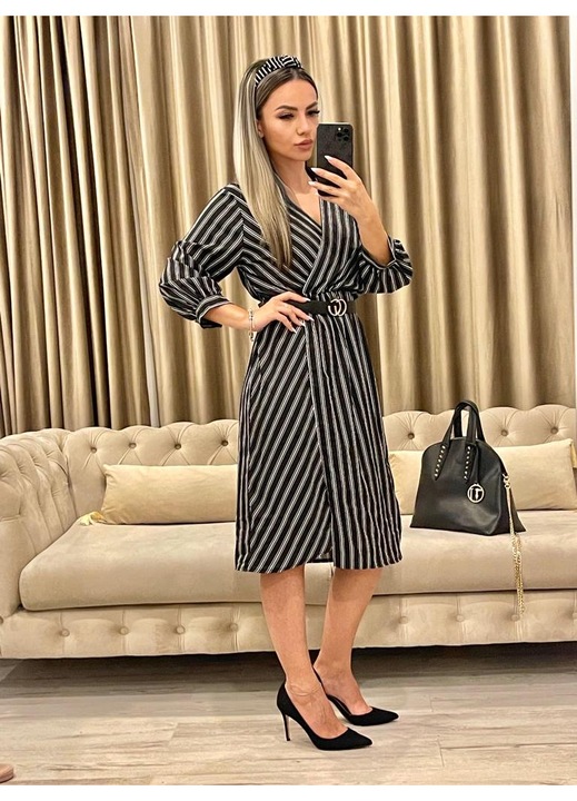 Rochie Dama, Dungi albe, Cu Curea, Negru