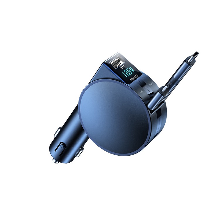 Incarcator auto, incarcare super rapida 60W, cablu de date dintr-o singura bucata, retractabil, ecran de afisare digitala, nu fierbinte, protectie completa la incarcare, interfata Apple/Android/type-c, universal pentru bricheta auto