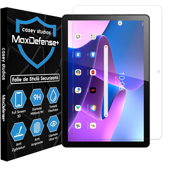 CASEY STUDIOS™ üvegfólia Lenovo Tab M10 10.6"-hoz, Teljes 3D fedésű, Teljes ragasztóval, Edzett üveg, Katonai keménység, Ultra HD, Professzionális 3D képernyővédelem, Karcálló, Átlátszó