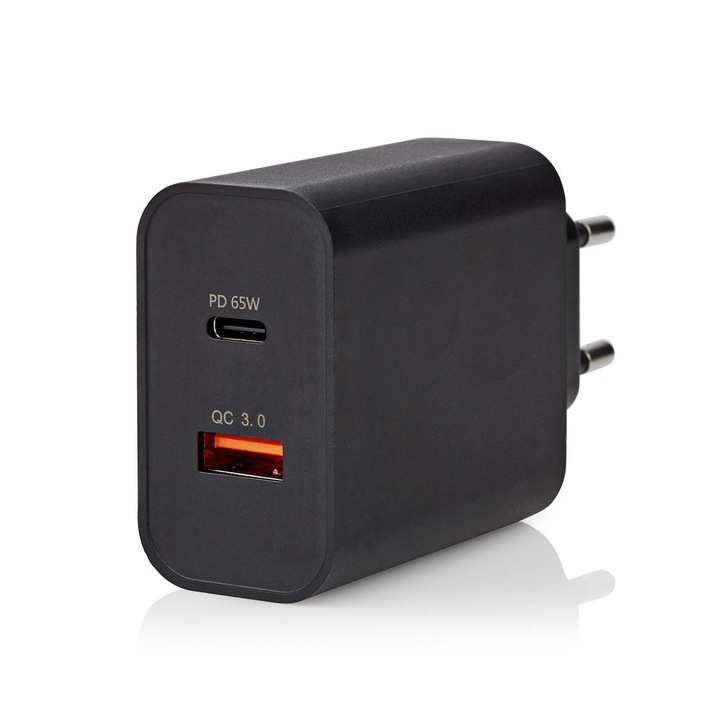Incarcator de perete, 65 W, functie de incarcare rapida, max. 3,25 A, 1xUSB-A, 1xUSB-C, selectare automata a tensiunii, negru